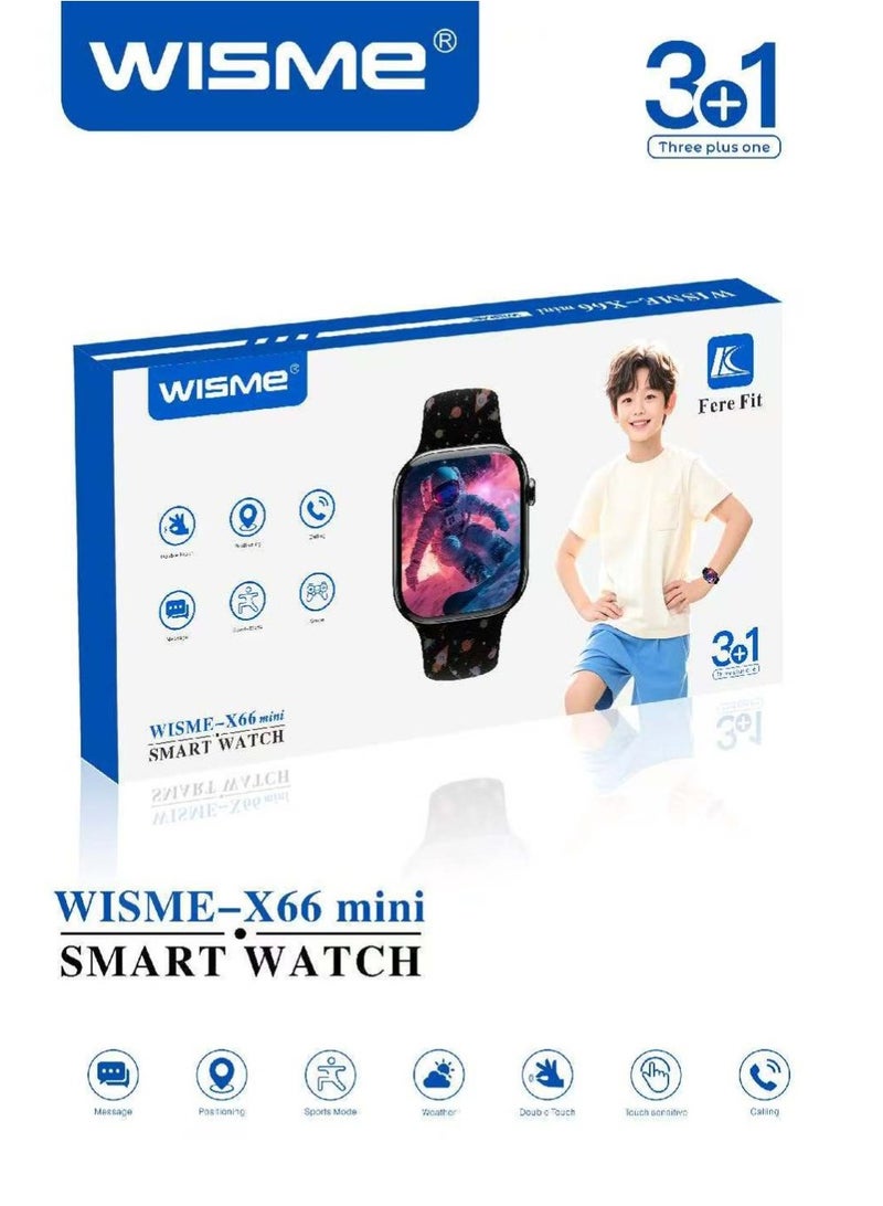 WISME X66 Mini Kids Smart Watch With Bluetooth Calling 3 Pair Straps and Charging Cable Black - Image 2